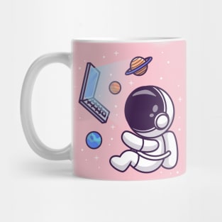 Cute Astronaut Floating With Laptop And Planet On Space Cartoon Mug